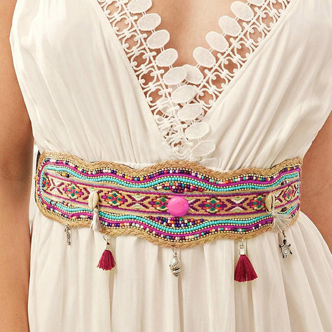 

Bohemian Aztec Tassel Beading Hemp Rope Woven Dress Belt, Multicolor, 495706