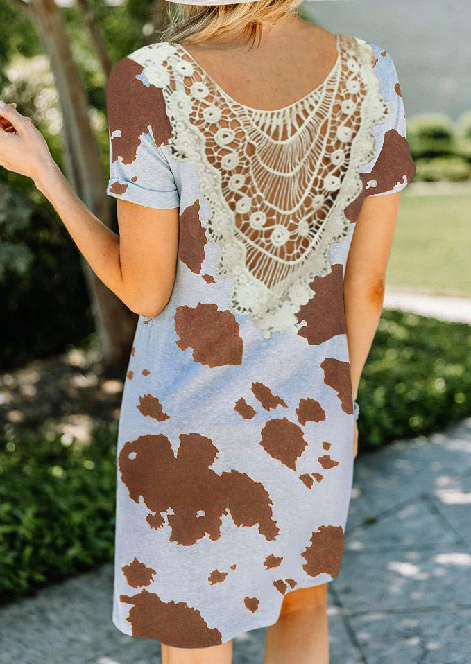 

Western Cow Twist Lace Splicing Open Back Mini Dress - Light Brown, 495711