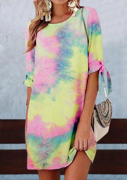 

Tie Dye Tie O-Neck Three Quarter Sleeve Mini Dress, Multicolor, 495729