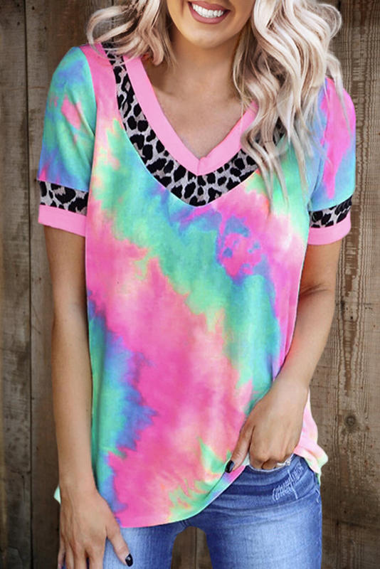 

Tie Dye Leopard Splicing V-Neck Blouse, Multicolor, 495797
