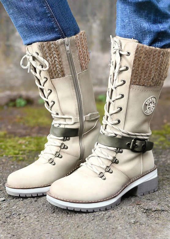 

Buckle Strap Lace Up Knitted Zipper Mid-Calf Boots - Beige, 495290