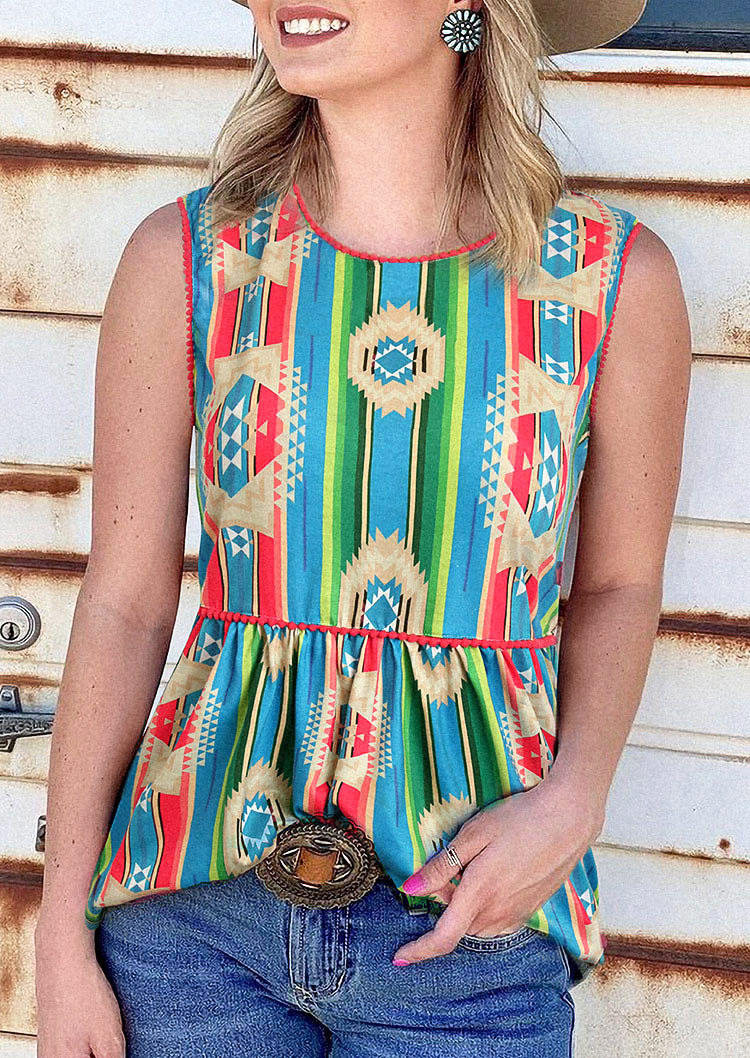 

Colorful Striped Geometric Aztec Ruffled Tank, Multicolor, 495650