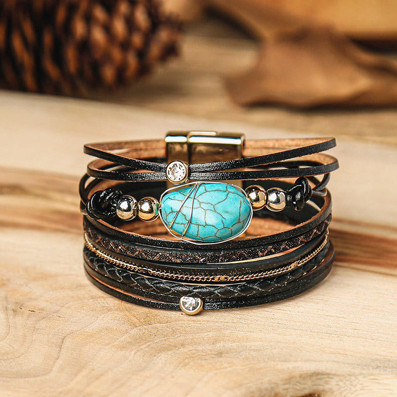 

Turquoise Beading Magnet Buckle Multi-Layered Bracelet, Black, 495928