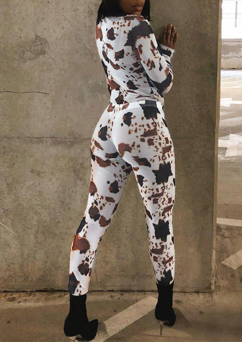 

Cow Turtleneck Blouse And Sports Fitness Pants Two-Piece Set - White, 495970