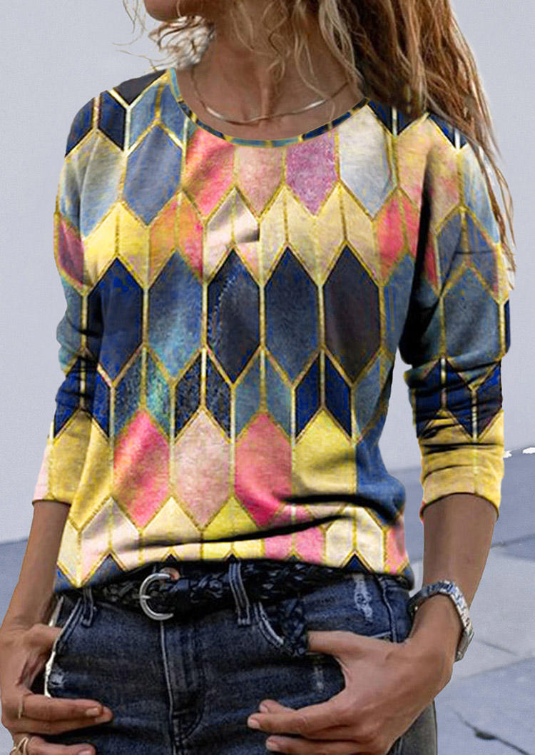 

Colorful Geometric O-Neck Long Sleeve Blouse, Multicolor, 495988