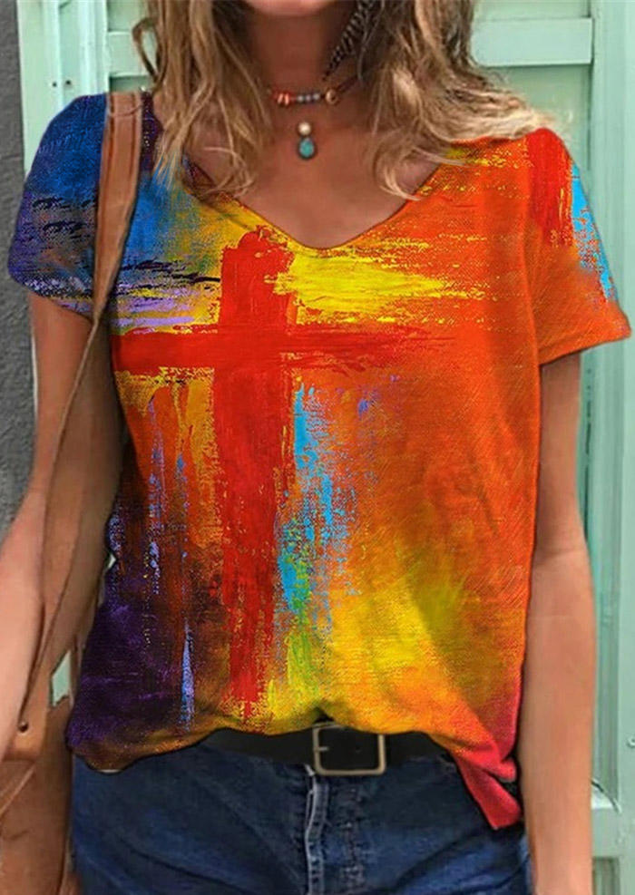 

Tie Dye Cross V-Neck T-Shirt Tee, Multicolor, 495992