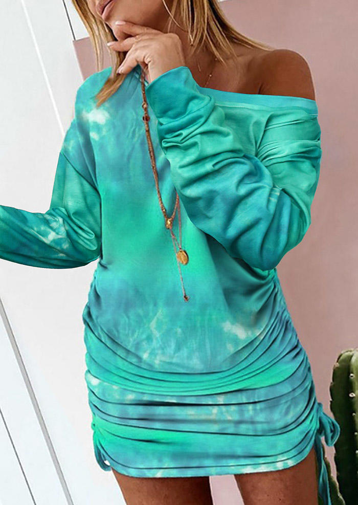 

Tie Dye Drawstring Ruched Drop Shoulder Mini Dress - Cyan, 496053