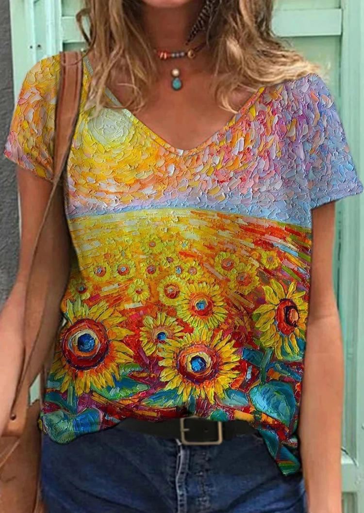 

Sunflower Oil Painting Tie Dye V-Neck Blouse, Multicolor, 496097