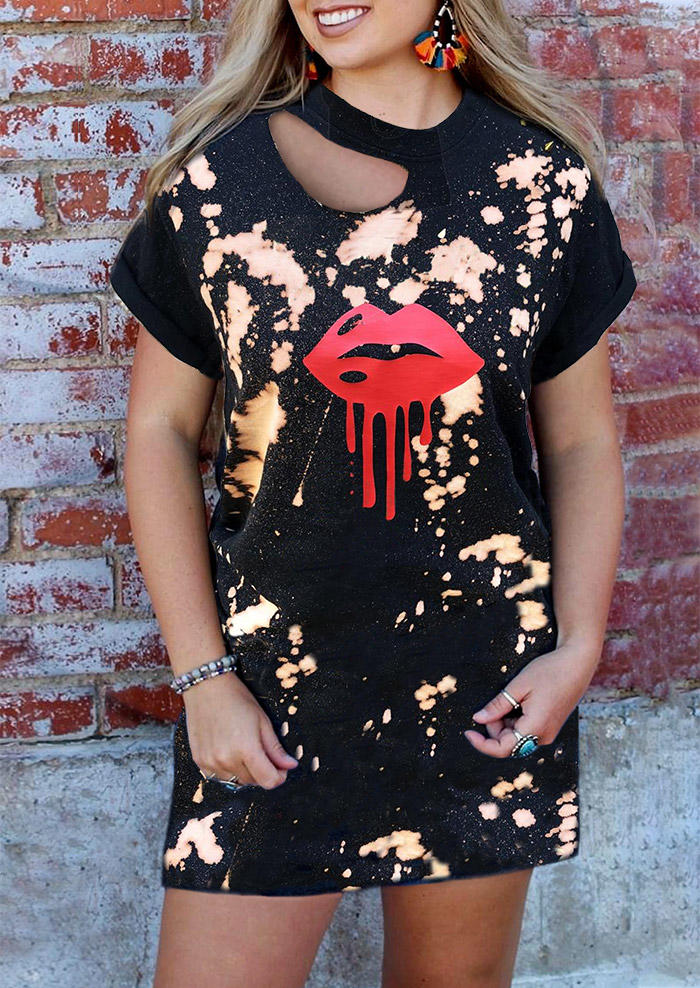 

Hollow Out Lips Bleached Mini Dress - Black, 496119