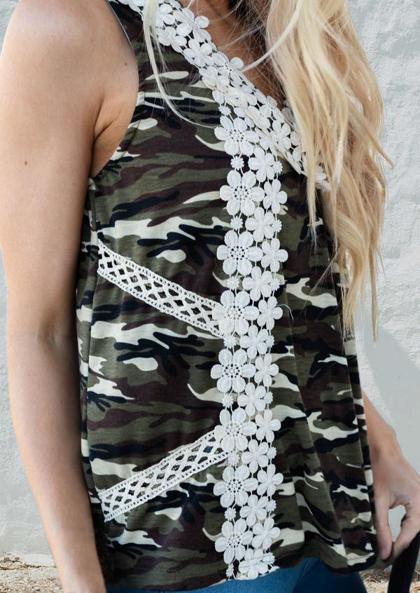 Camouflage Lace Splicing Ruffled Tank