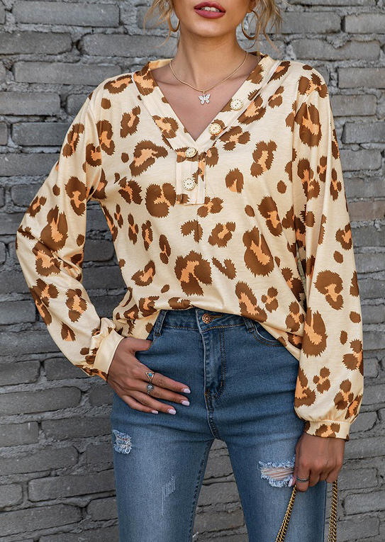 

Leopard Button V-Neck Long Sleeve Blouse - Light Yellow, 496198