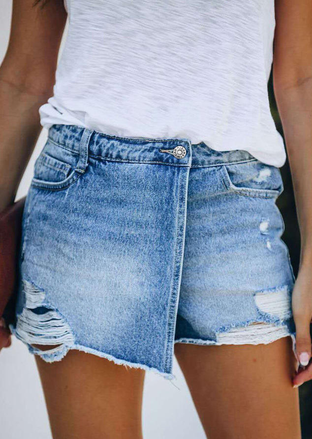 

Ripped Hole Pocket Casual Denim Shorts - Light Blue, 496199