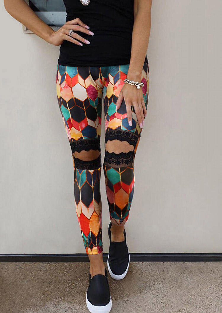 

Colorful Geometric Lace Splicing Hollow Out Skinny Pants, Multicolor, 496221
