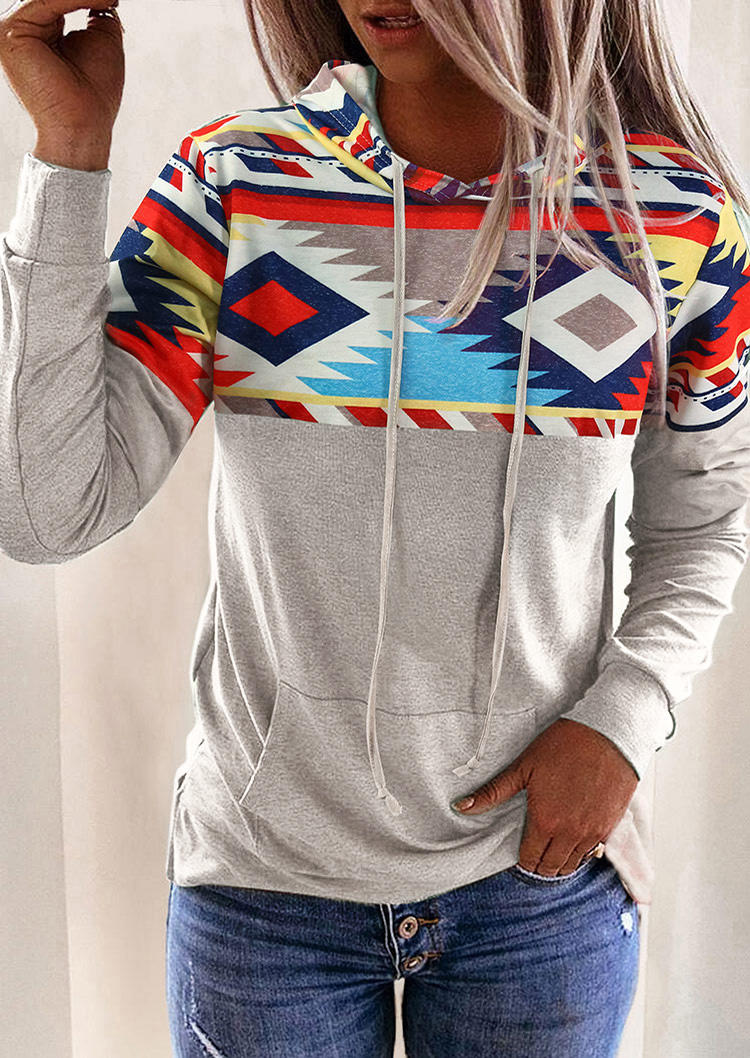 

Aztec Geometric Drawstring Kangaroo Pocket Hoodie - Gray, 494520