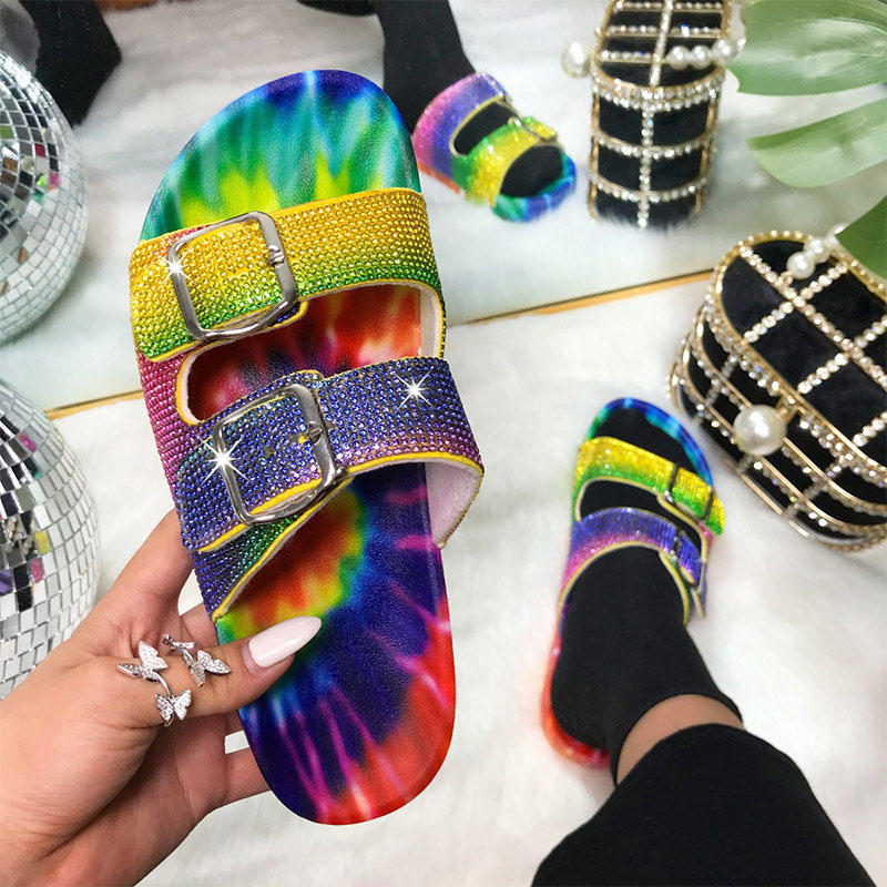 

Tie Dye Glitter Rhinestone Buckle Flat Slippers, Multicolor, 495917