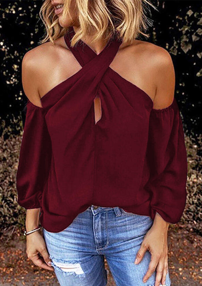 

Criss-Cross Ruffled Halter Zipper Blouse - Burgundy, 496400