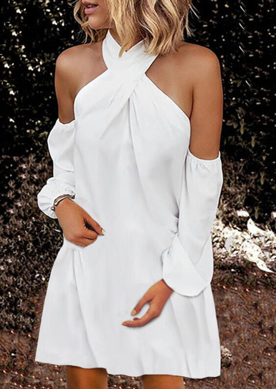 

Zipper Cold Shoulder Criss-Cross Halter Mini Dress - White, 493077