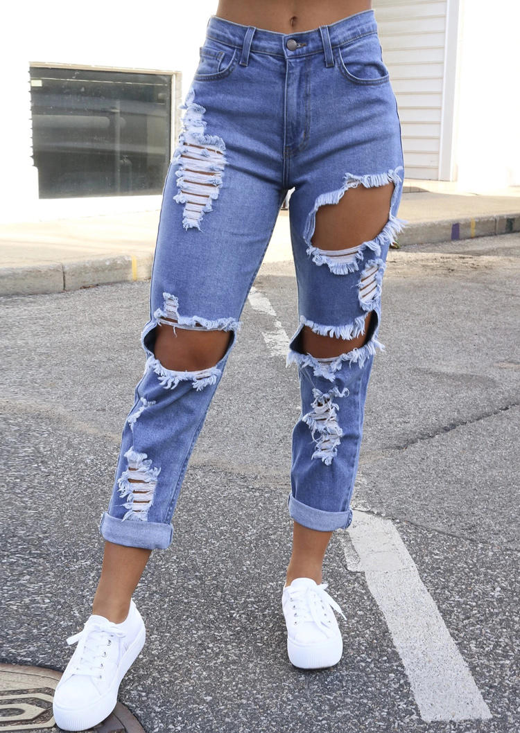 

Ripped Hole Distressed High Waist Denim Jeans - Deep Blue, 496398