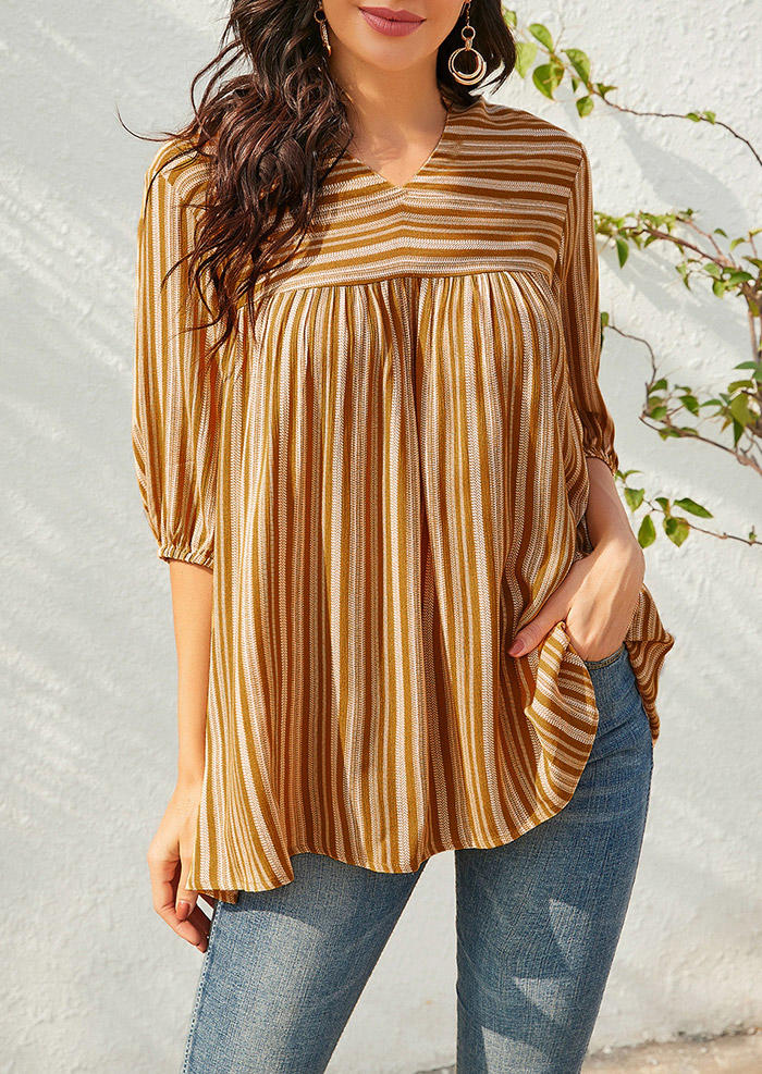 

Bohemian Striped Ruffled Elastic Cuff Blouse - Yellow, 496431