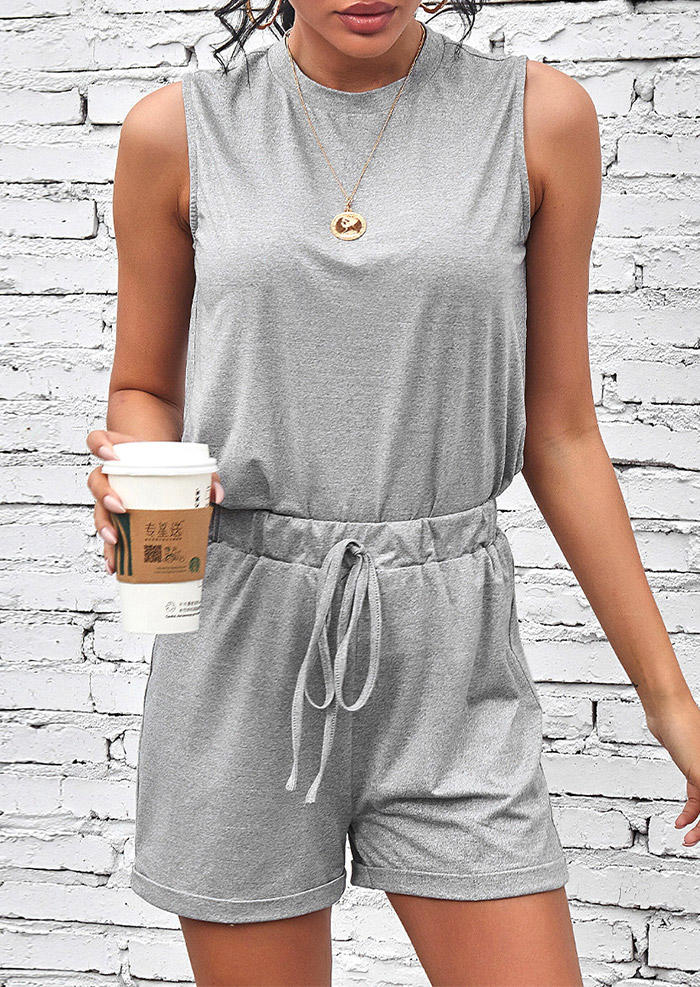 

O-Neck Tank And Elastic Waist Tie Shorts Two-Piece Set - Gray, 496449