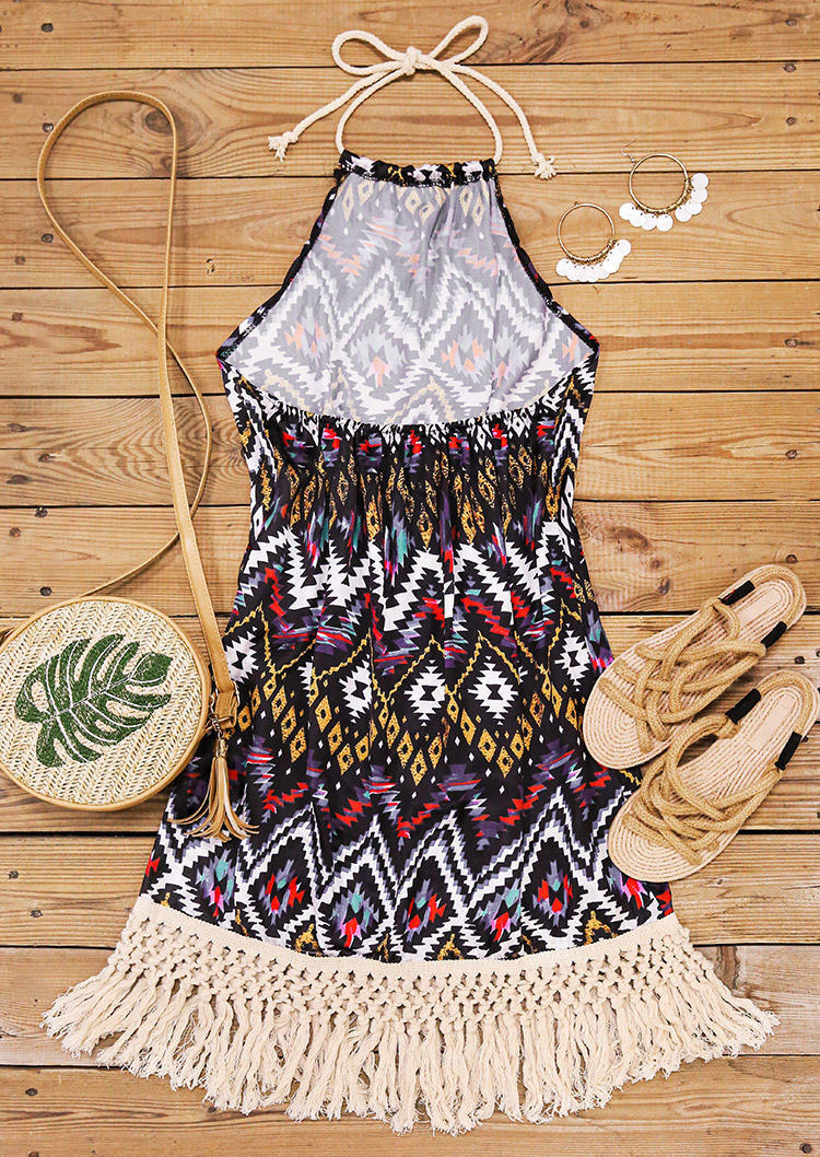 Aztec Geometric Open Back Halter Tassel Edge Mini Dress