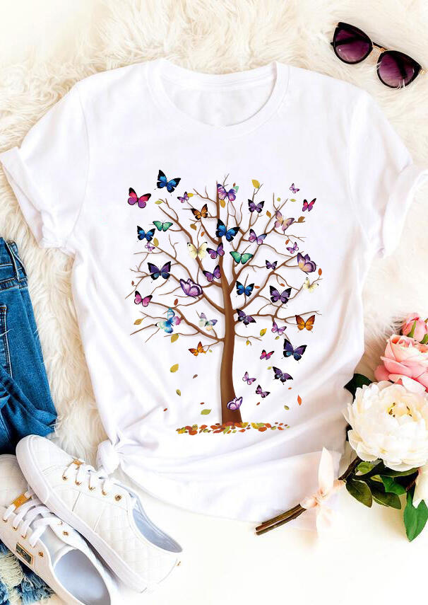 

Butterfly Tree O-Neck T-Shirt Tee - White, 496544