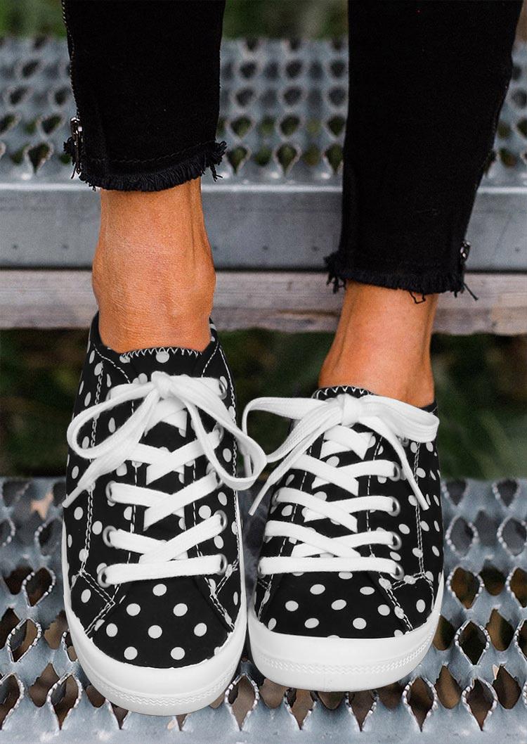 

Polka Dot Lace Up Round Toe Flat Sneakers - Black, 496017