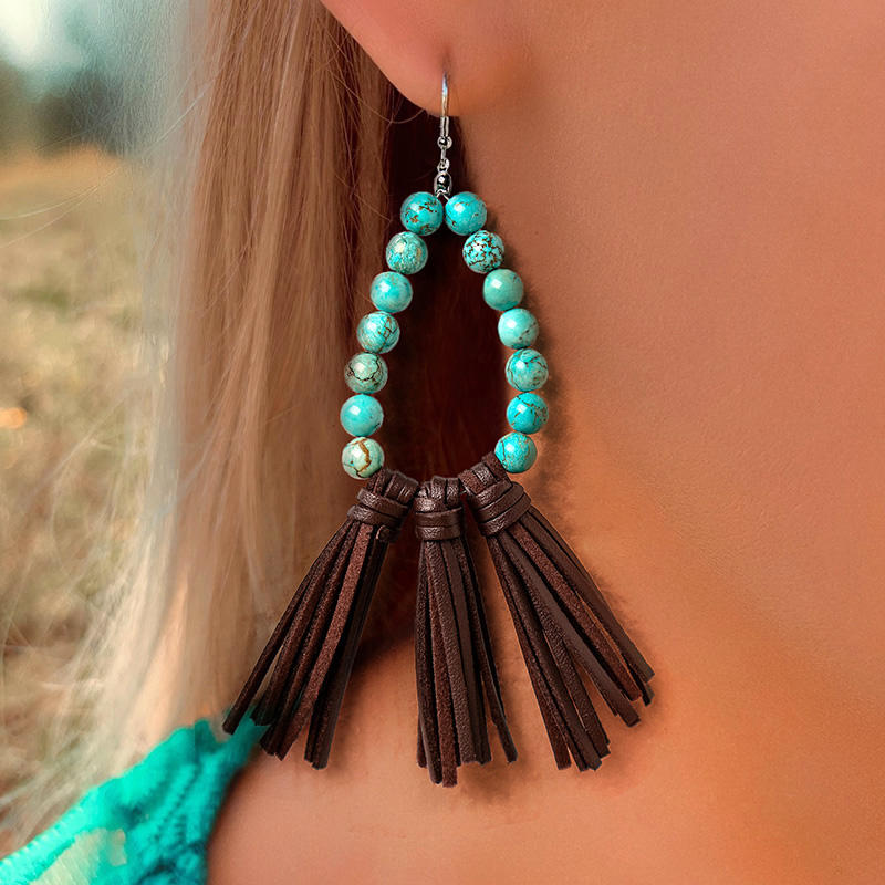 

Turquoise Tassel Beading Pendant Earrings, Lake blue, 496239