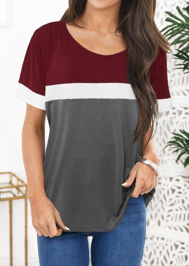 

Color Block Short Sleeve O-Neck T-Shirt Tee, Multicolor, 496435