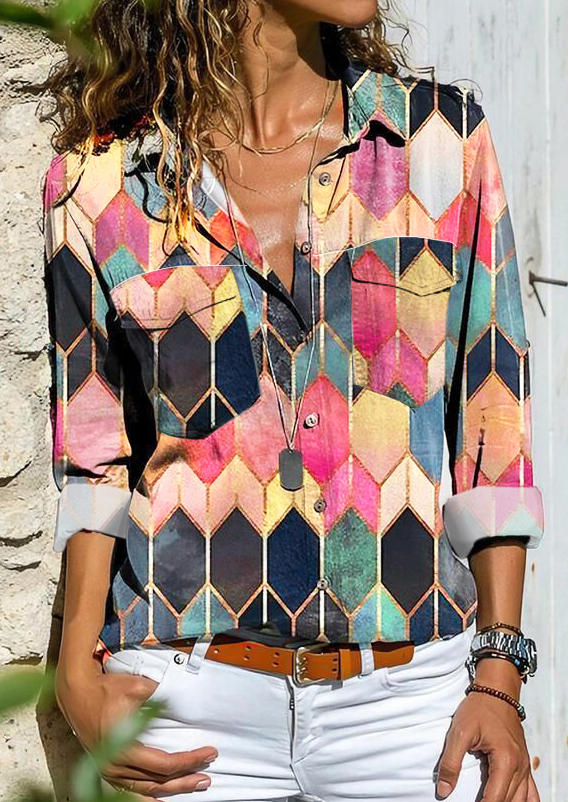 

Colorful Geometric Pocket Button Turn-Down Collar Shirt, Multicolor, 496508