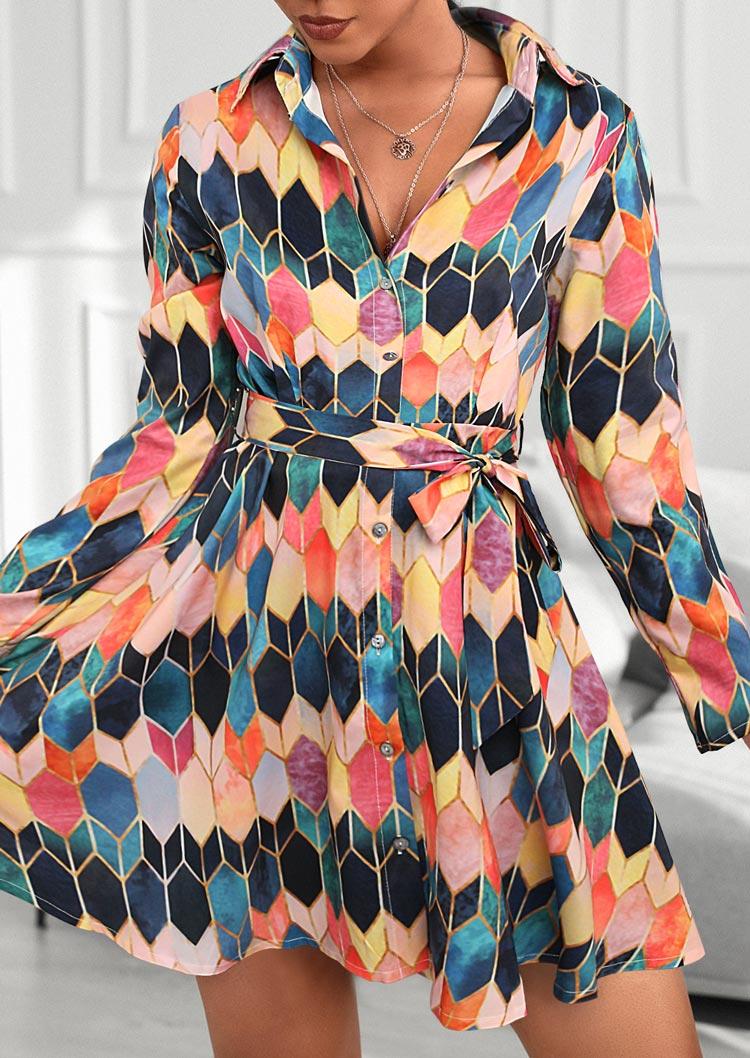 

Colorful Geometric Button Long Sleeve V-Neck Shirt Dress, Multicolor, 496428