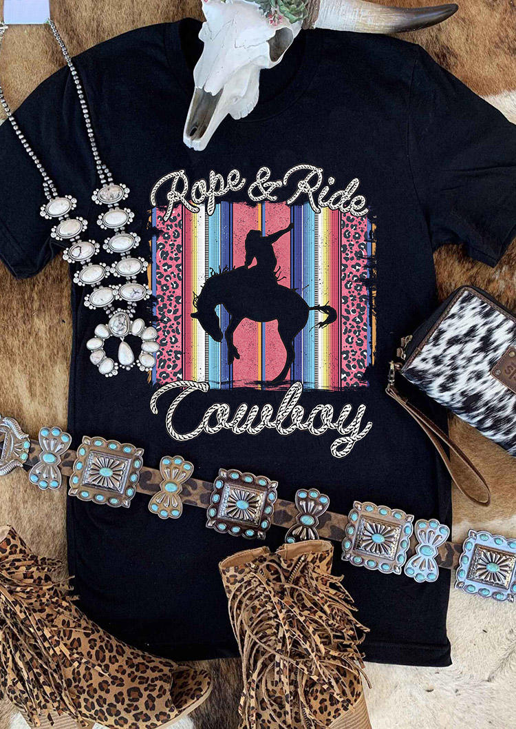 

Rope & Ride Cowboy Serape Striped Leopard T-Shirt Tee - Black, 494922
