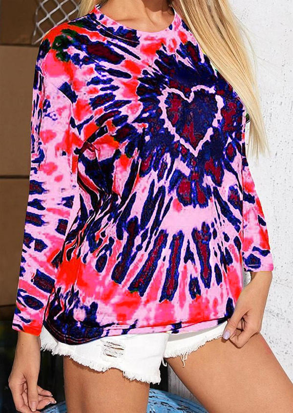 

Tie Dye Heart O-Neck Long Sleeve Blouse - Pink, 496641