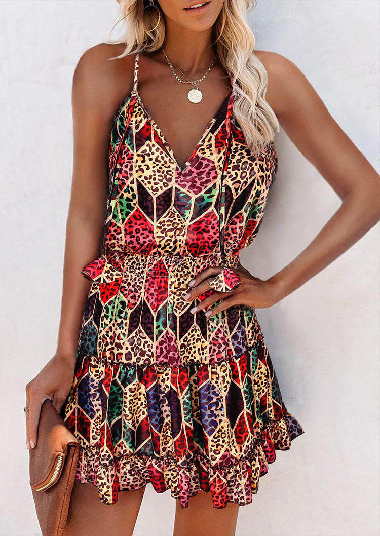 

Leopard Rhombus Elastic Smocked Waist Spaghetti Strap Mini Dress, Multicolor, 496723