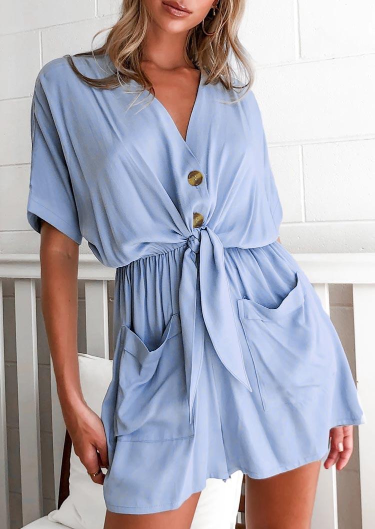

Pocket Button Tie Elastic Waist V-Neck Romper - Light Blue, 496773