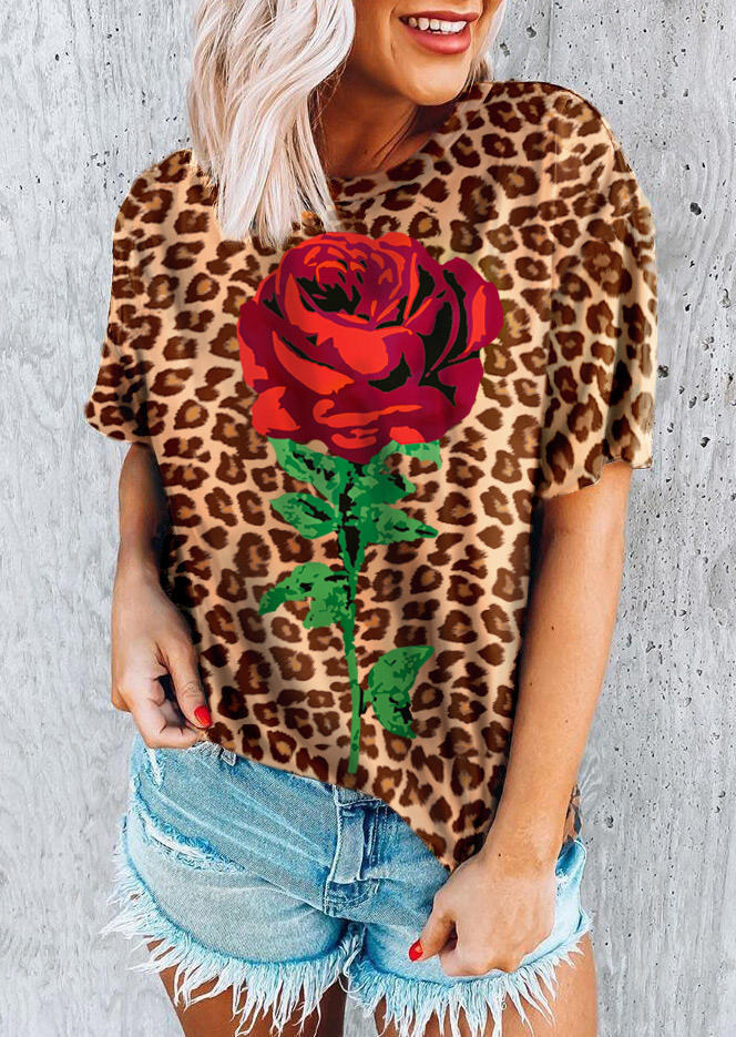 

Leopard Rose O-Neck T-Shirt Tee, 496403