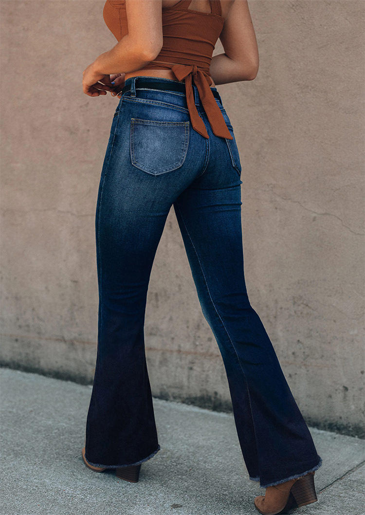 Ripped Hole Button Flare Denim Jeans - Deep Blue - Bellelily