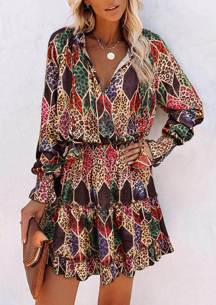 

Colorful Leopard Rhombus Long Sleeve Mini Dress, Multicolor, 497019