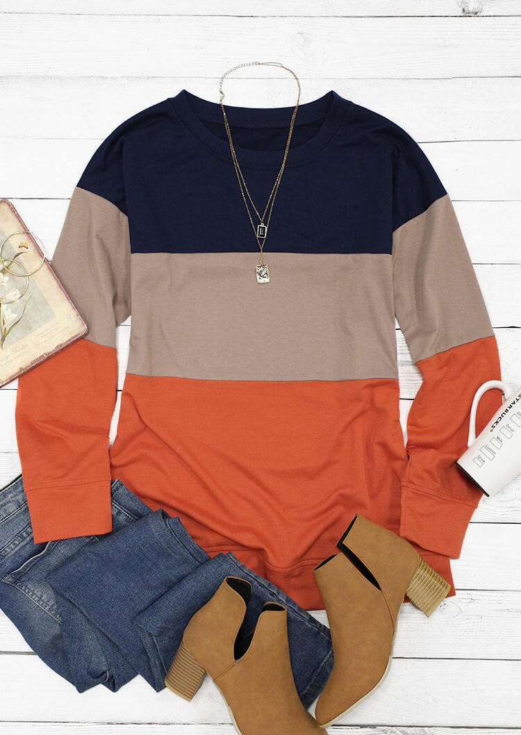 Color Block Long Sleeve O-Neck Pullover Sweatshirt