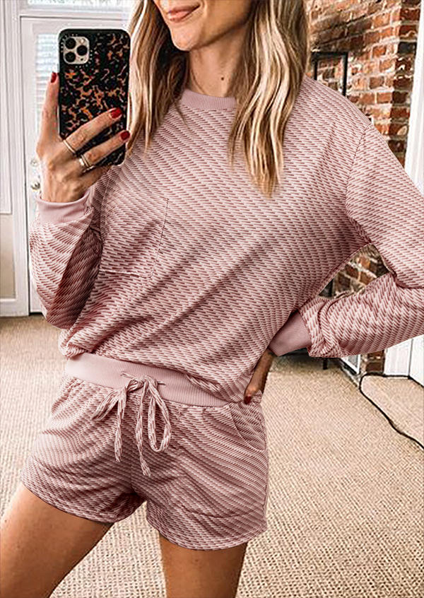

Pocket Blouse And Drawstring Shorts Two-Piece Set - Cameo Brown, 495383