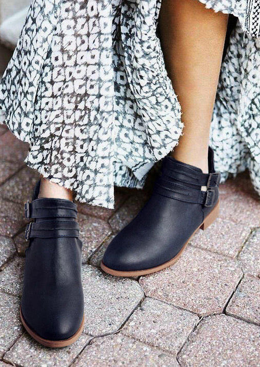 

Buckle Strap Chunky Heel Ankle Boots - Navy Blue, 486165