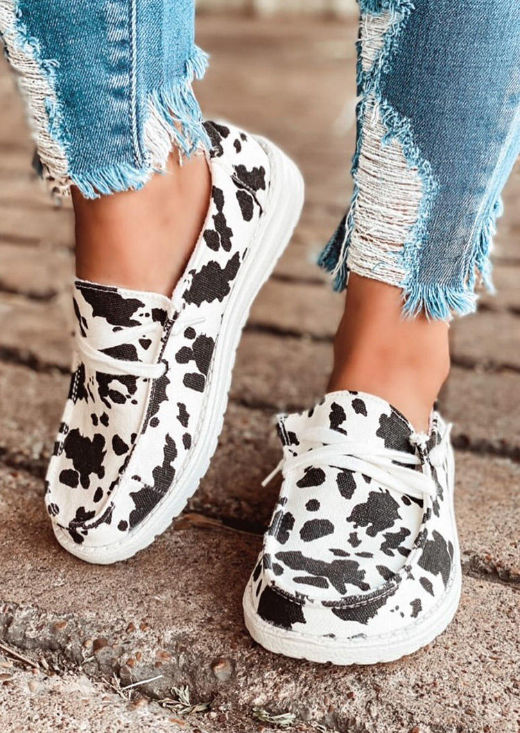 

Cow Print Lace Up Round Toe Flat Sneakers, Multicolor, 474858