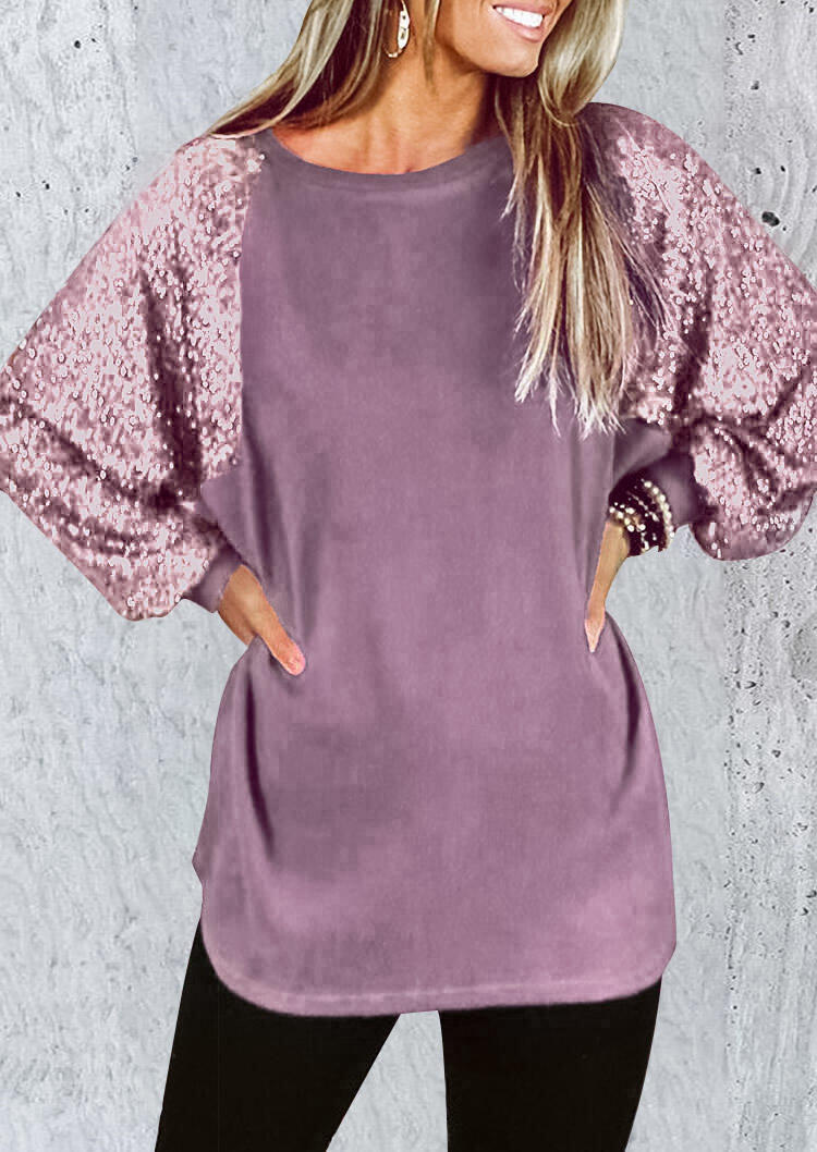 

Sequined Splicing Raglan Long Sleeve Blouse - Purple, 493589