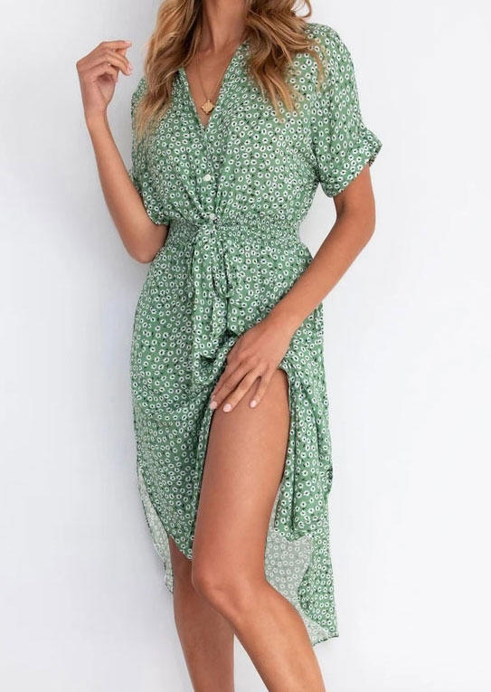 

Floral Button Tie Elastic Waist Slit Casual Dress - Green, 495794