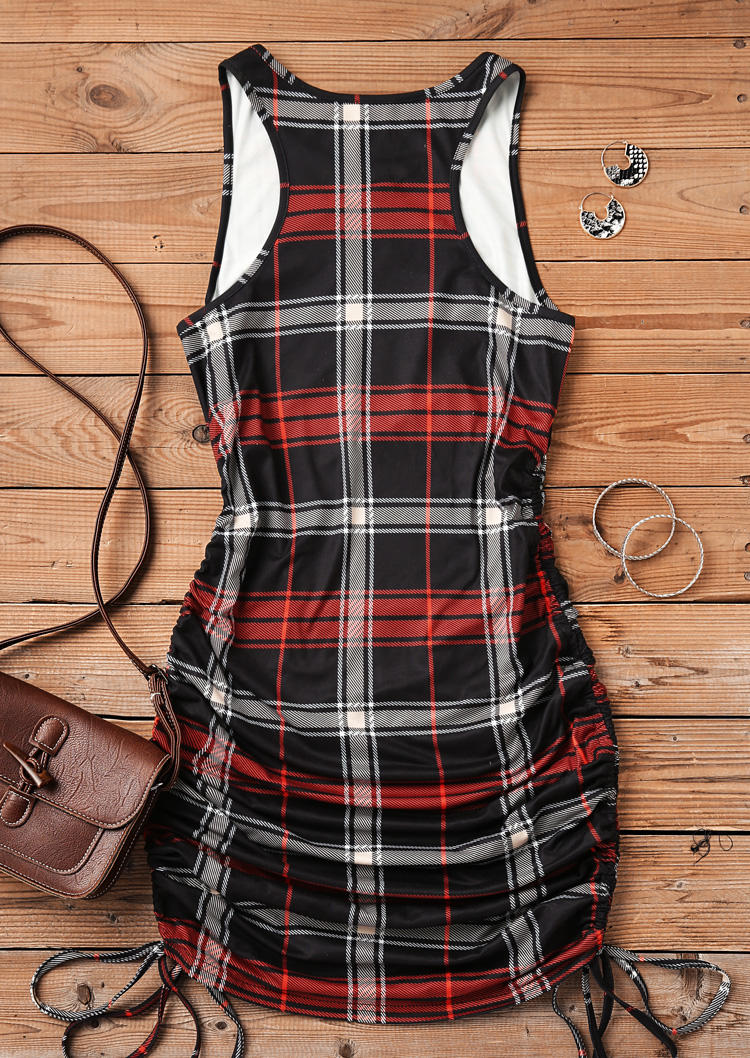 Plaid Drawstring Sleeveless O-Neck Bodycon Dress