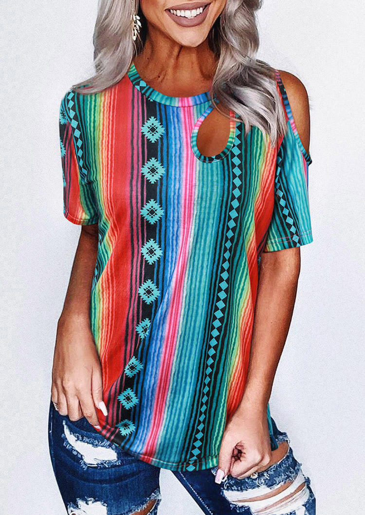 

Serape Striped Geometric Hollow Out Blouse, Multicolor, 497287