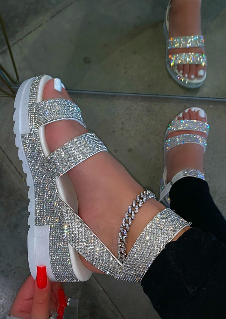 

Glitter Rhinestone Platform Sandals without Anklet, White, 497357