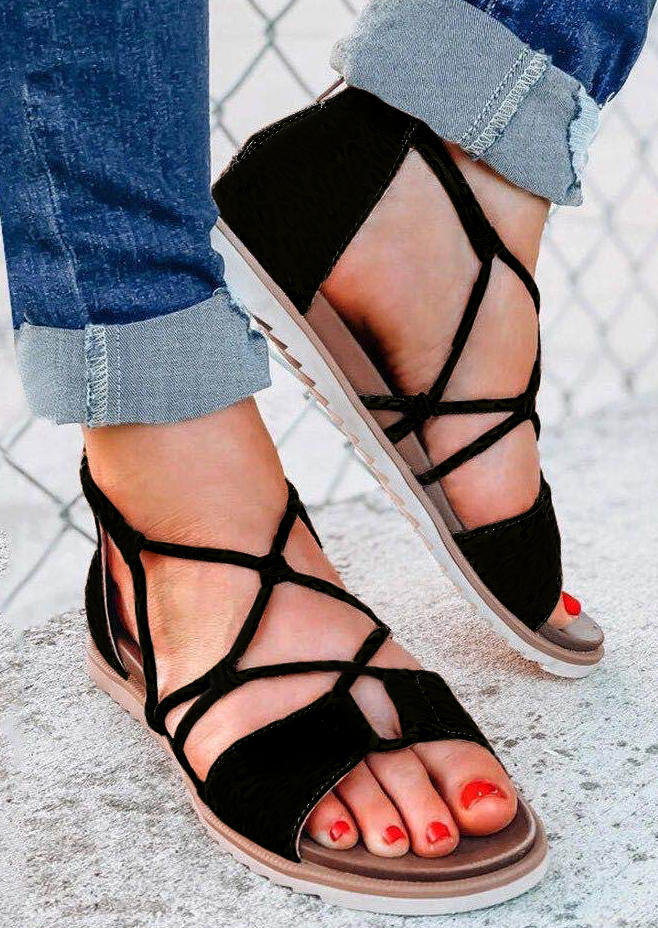 

Criss-Cross Zipper Flat Sandals - Black, 497464