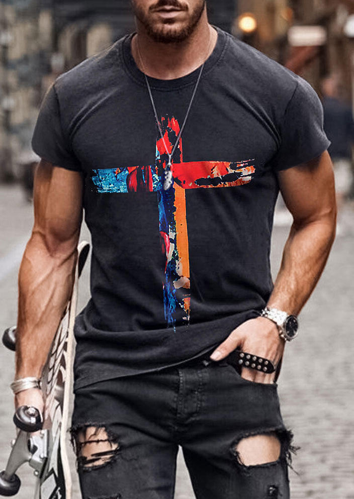 

Men Tie Dye Cross O-Neck T-Shirt Tee - Gray, 497638