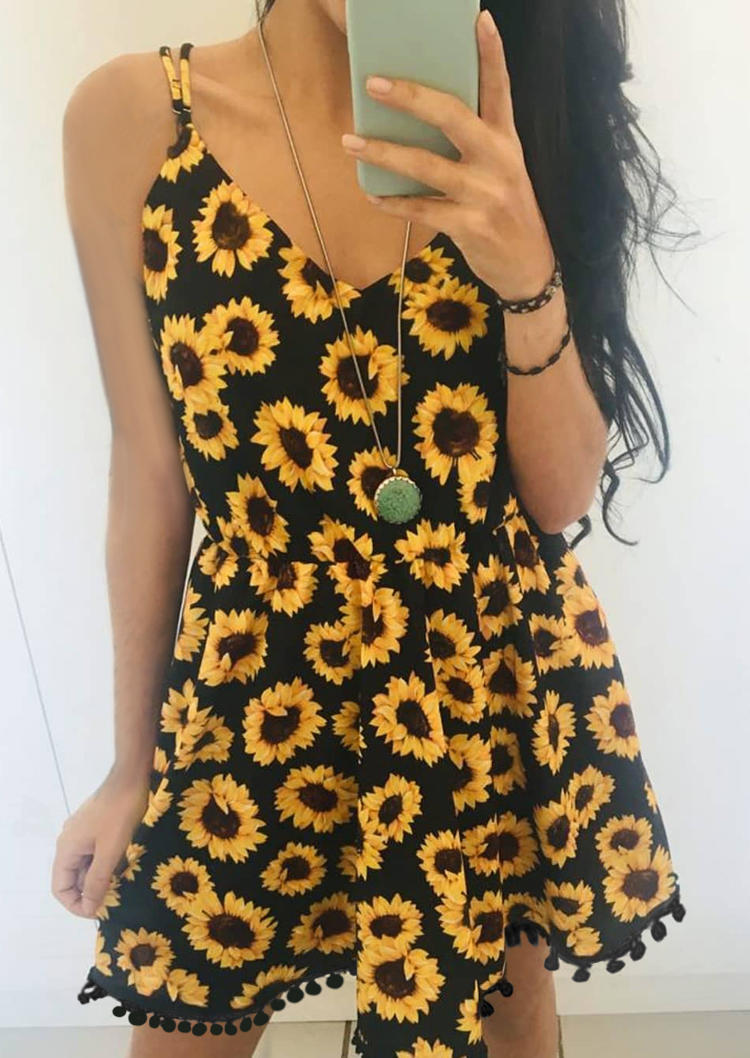 

Sunflower Tassel Splicing Elastic Waist V-Neck Mini Dress - Black, 497856
